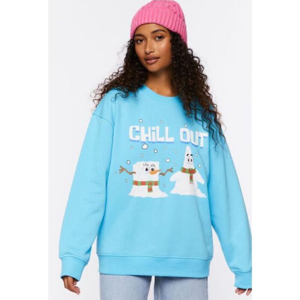 Nickelodeon Chill Out SpongeBob Graphic Christmas Pullover Sweatshirt Medium Nwt